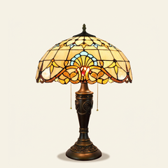 Aldreth 16 Inch Tiffany-style stained glass table lamp, Rose Pole base, lit, on a plain ivory studio background