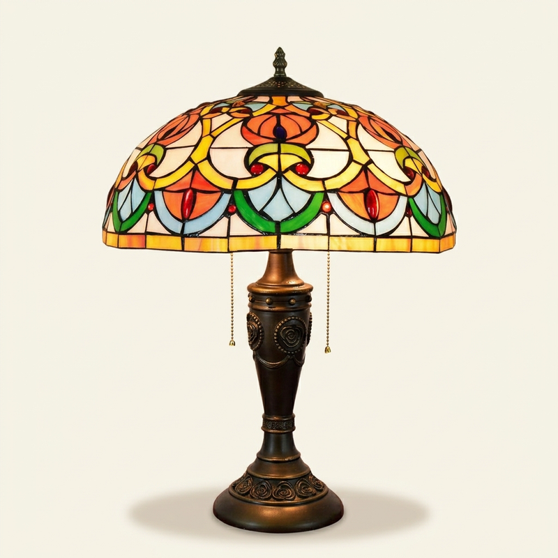 Amoretta 16 Inch Tiffany-style stained glass table lamp, lit, on a plain ivory studio background