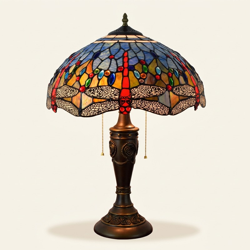 Caelith 16 Inch Tiffany-style stained glass table lamp, Rose Pole base, lit, on a plain ivory studio background
