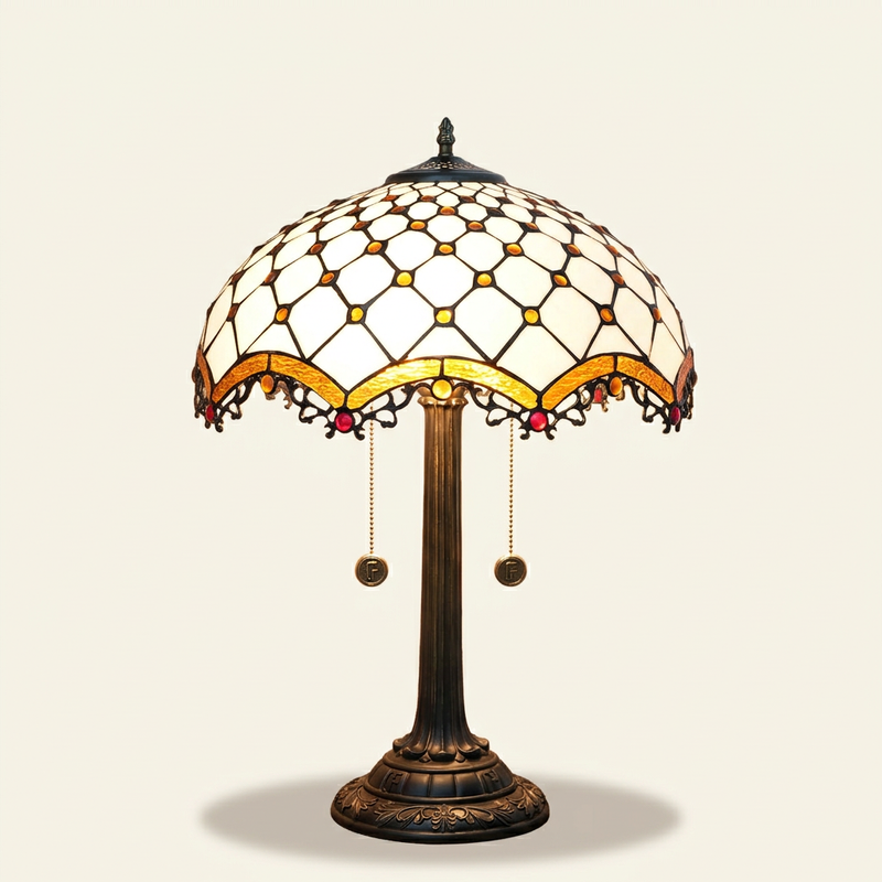 Cassiel 16 Inch Tiffany-style stained glass table lamp, Straight Pole base, lit, on a plain ivory studio background