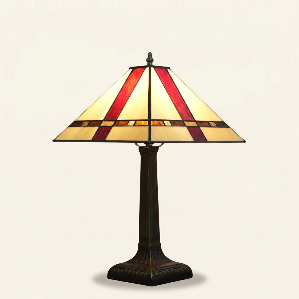 Ellsworth 16 Inch Tiffany-style stained glass table lamp, lit, on a plain ivory studio background