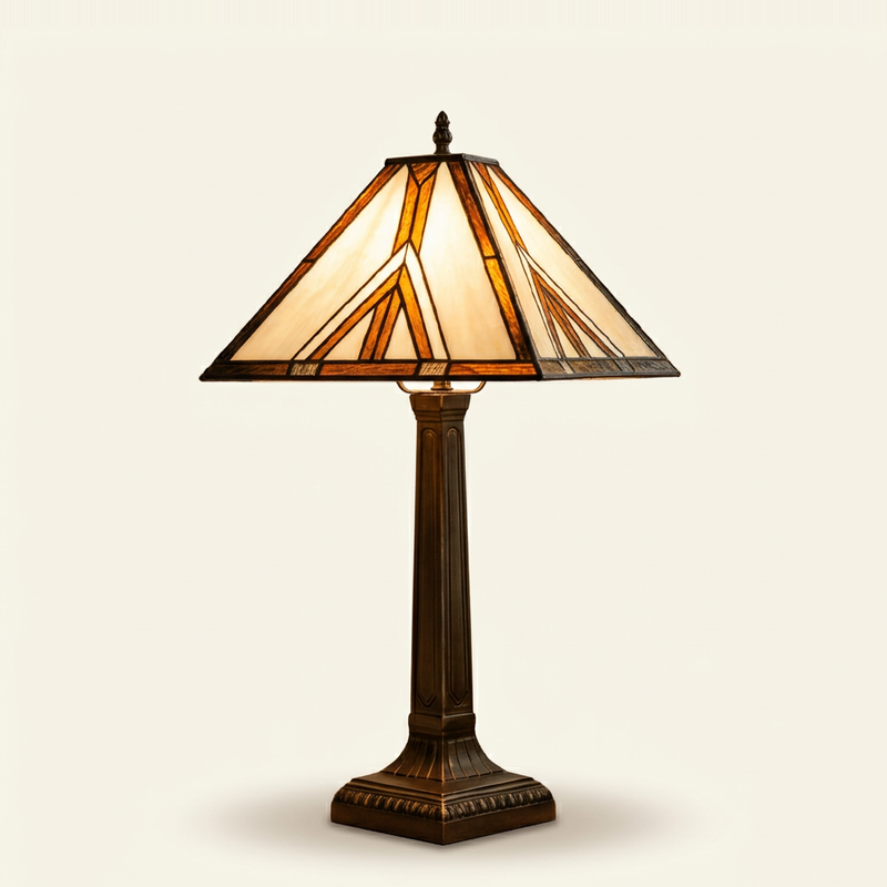 Trevino 16 Inch Tiffany-style stained glass table lamp, lit, on a plain ivory studio background