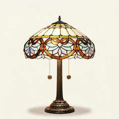 Cuore 16 Inch Tiffany-style stained glass table lamp, Straight Pole base, lit, on a plain ivory studio background