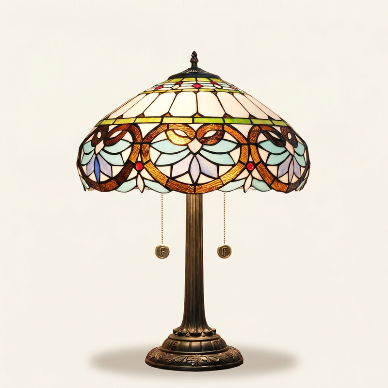 Cuore 16 Inch Tiffany-style stained glass table lamp, Straight Pole base, lit, on a plain ivory studio background