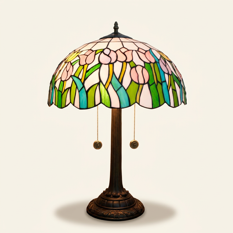 Liriane 16 Inch Tiffany-style stained glass table lamp, lit, on a plain ivory studio background