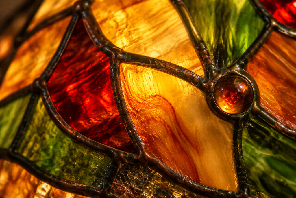 Close view of lit opalescent glass panels and copper foil seams on a stained glass shade