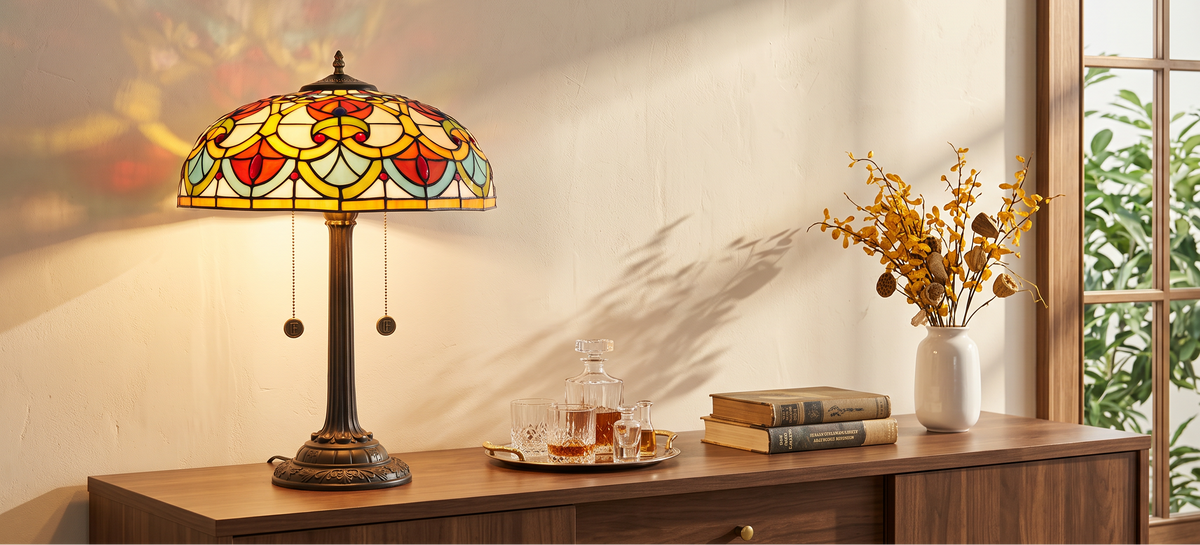 A handmade stained glass lamp glowing in a warm interior
