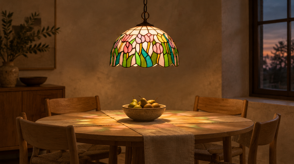 Tullia 12 inch tulip pendant lit low over a round oak dining table