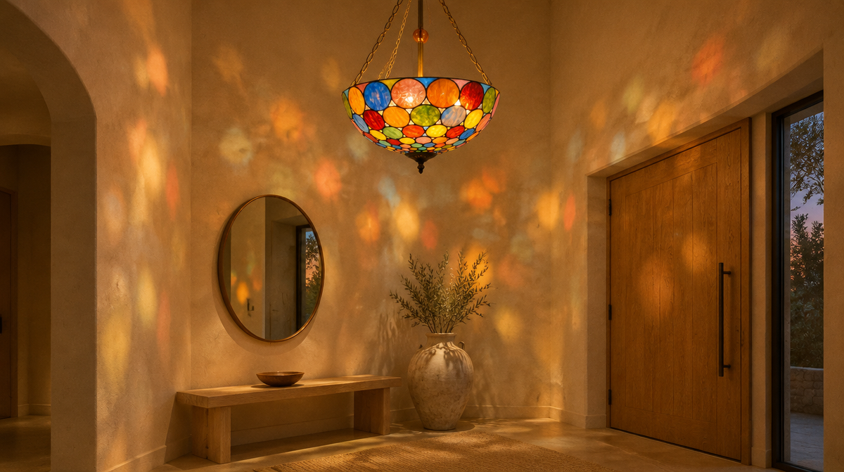 Vinacer 20 inch jewel-tone bowl pendant lit in a high entry hall