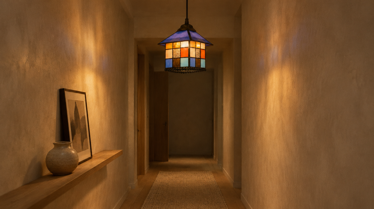 Chaumette 8 inch lantern pendant lit in a narrow plaster hallway