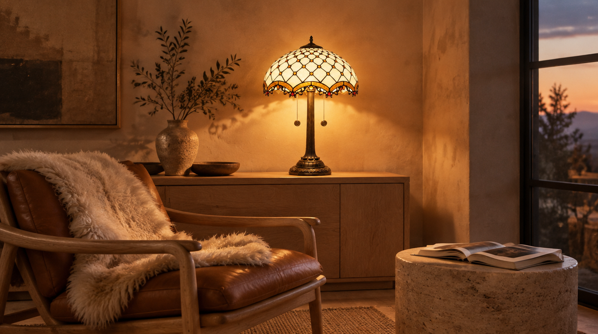 Cassiel 16 inch stained glass table lamp lit on an oak console beside a leather reading chair